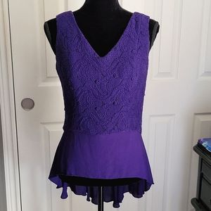 Elie Tahari sleeveless purple peplum top silk high low